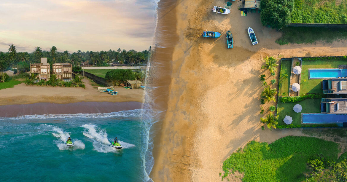 An aerial view of Inidi Leisure Luxury Beach Villa in Wadduwa Sri Lanka, showcasing the beach and a few anchored boats.