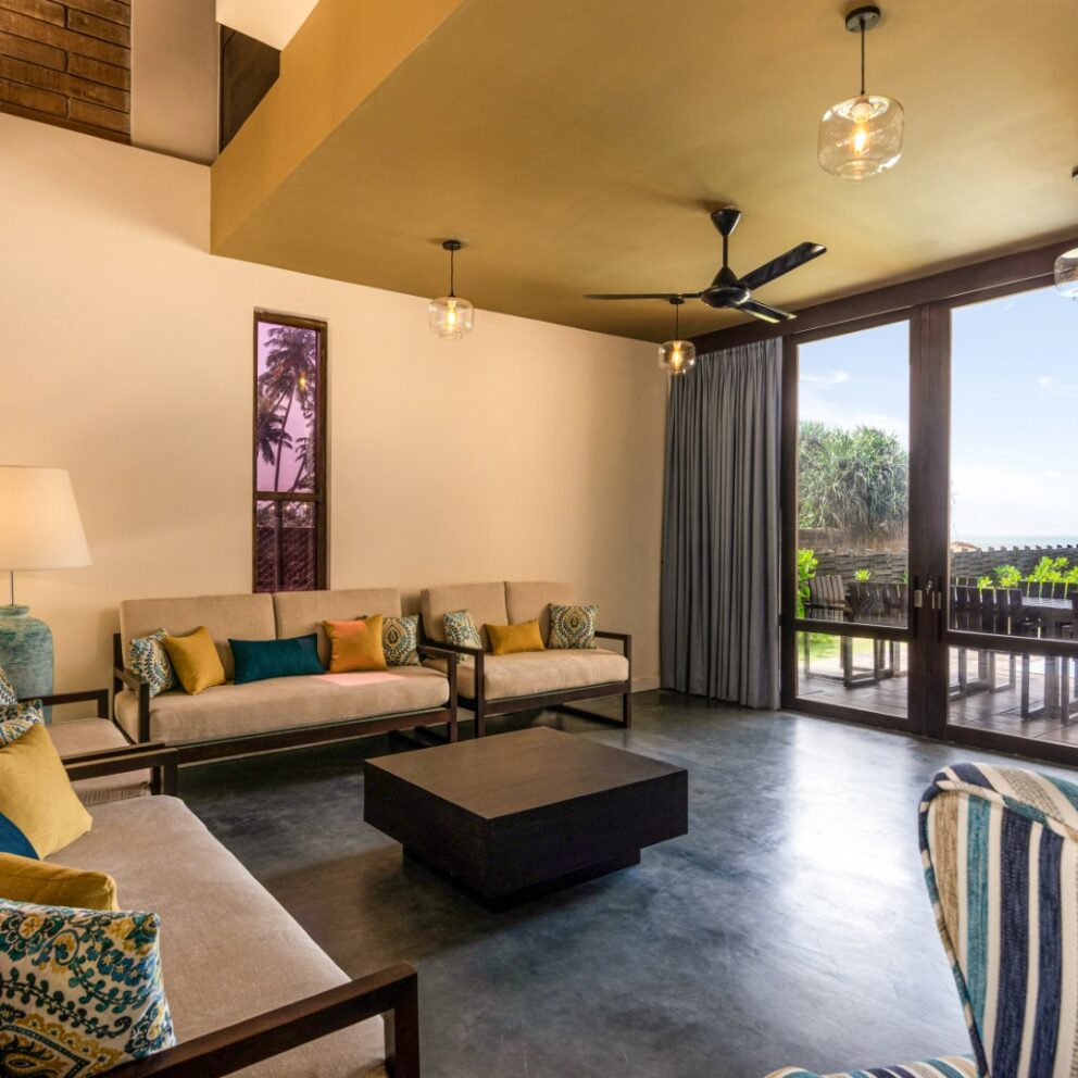 A lobby area of Inidi Leisure luxury beach villa in Sri Lanka.