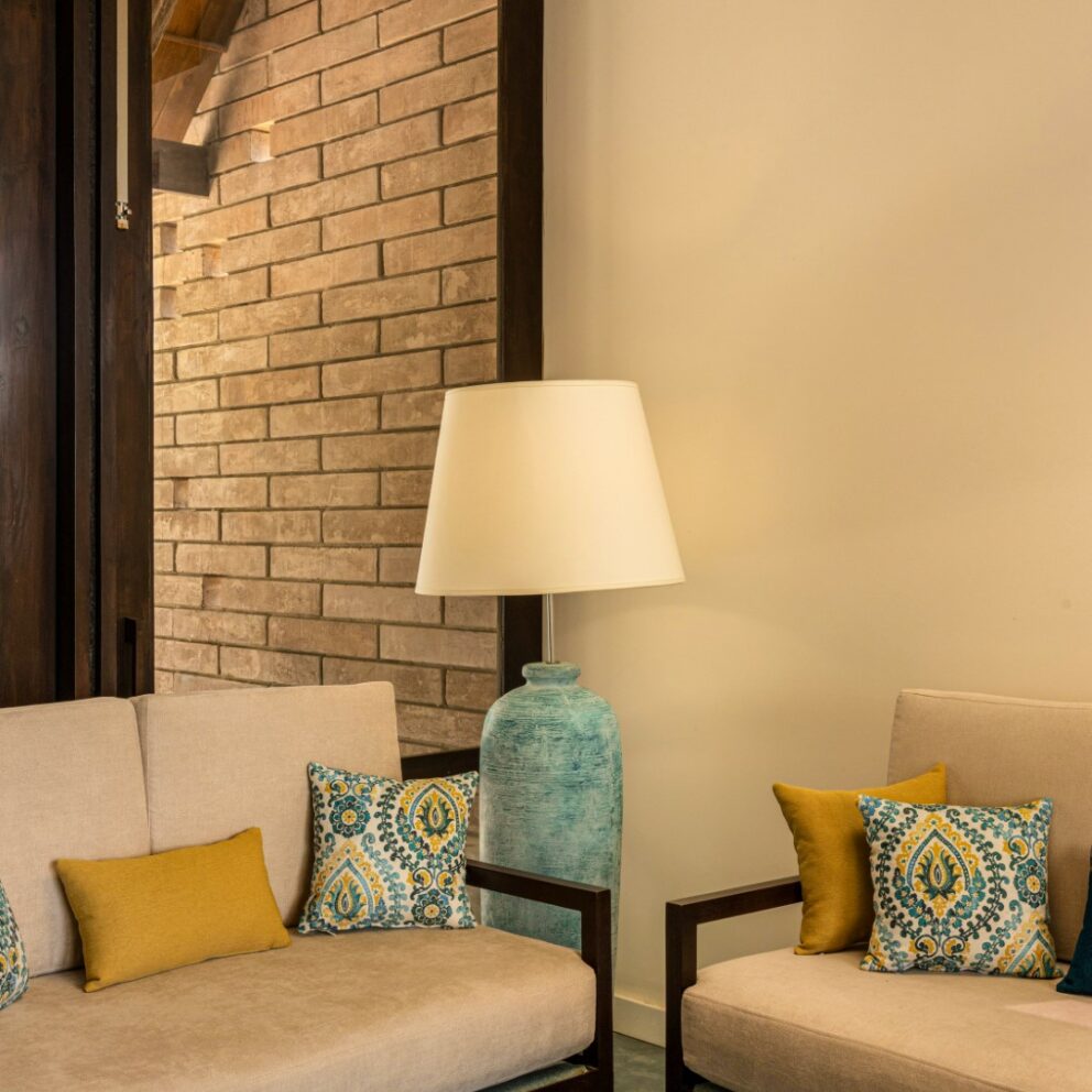 Lobby area of the beach villa with arranged sofa